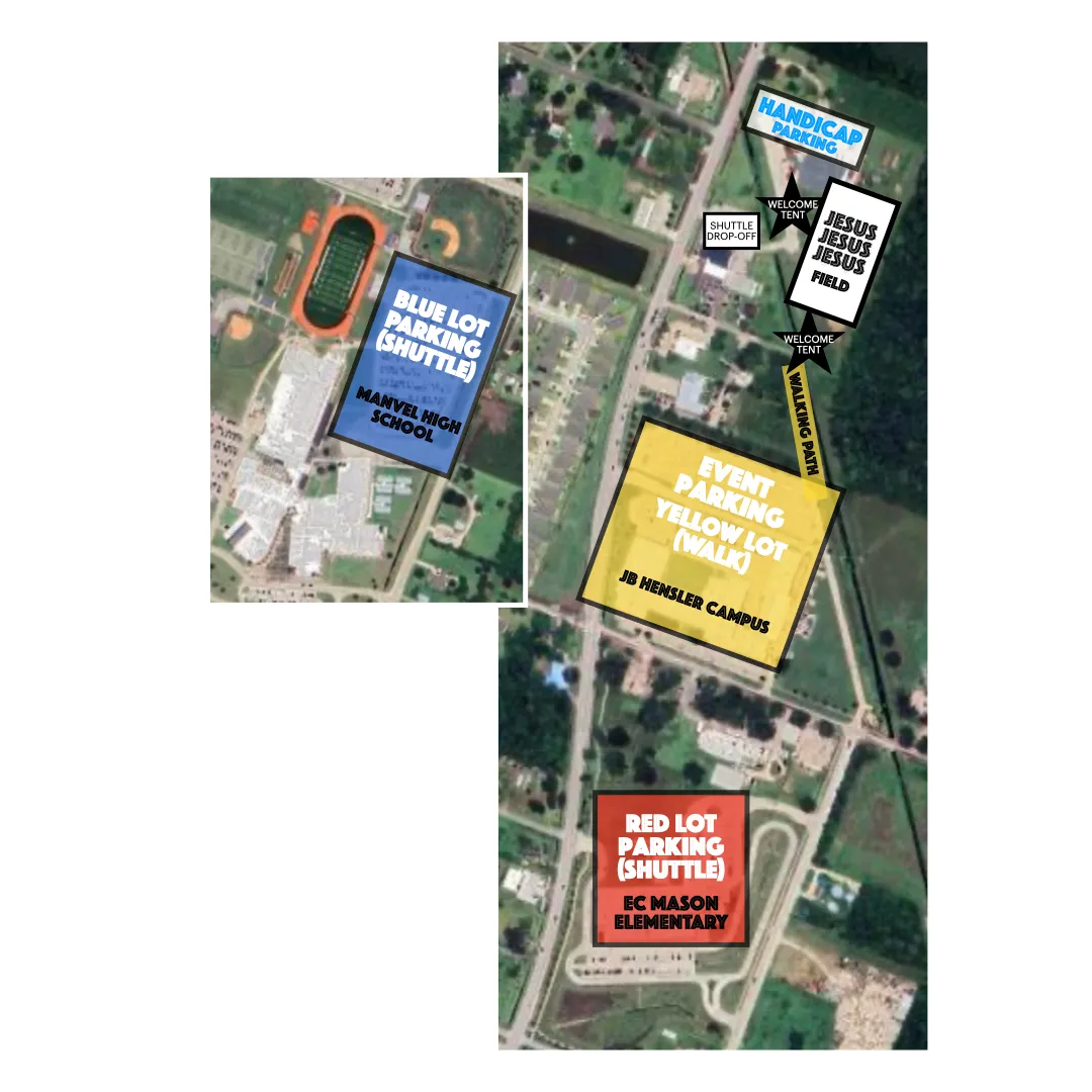 Map of the three JESUS, JESUS, JESUS parking lots and shuttle routes around The Field